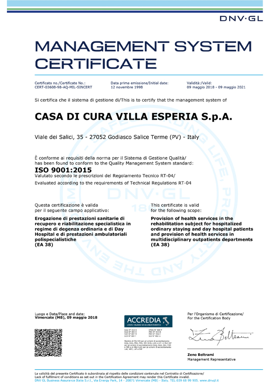 Management System Certificate della Casa di Cura VIlla Esperia - Politica della qualità